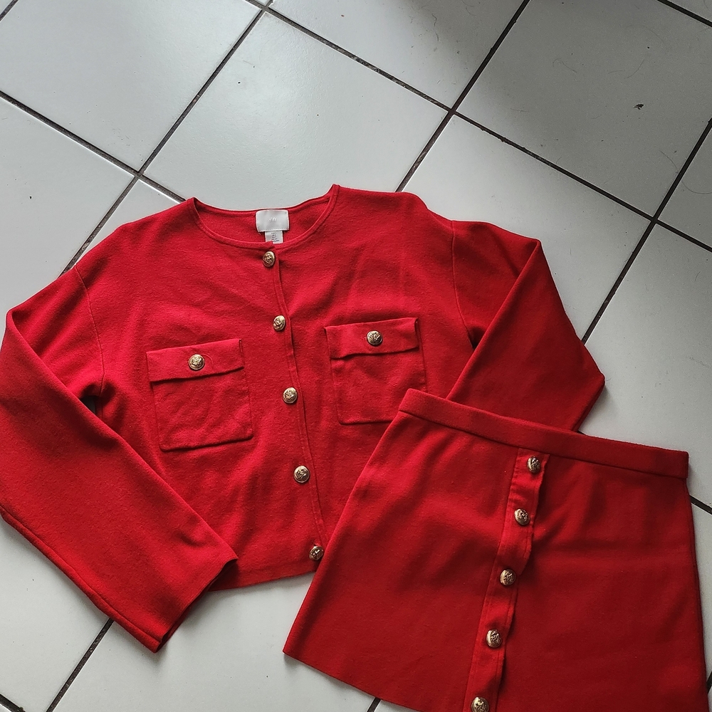 H&M Red Knit Buttoned Cardigan and Skirt Set